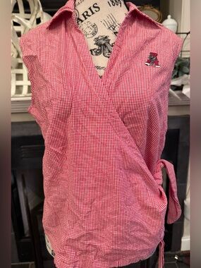 Vintage 90s Y2K Gingham Red White Embroidered Alabama Logo Wrap Top Sleeveless L